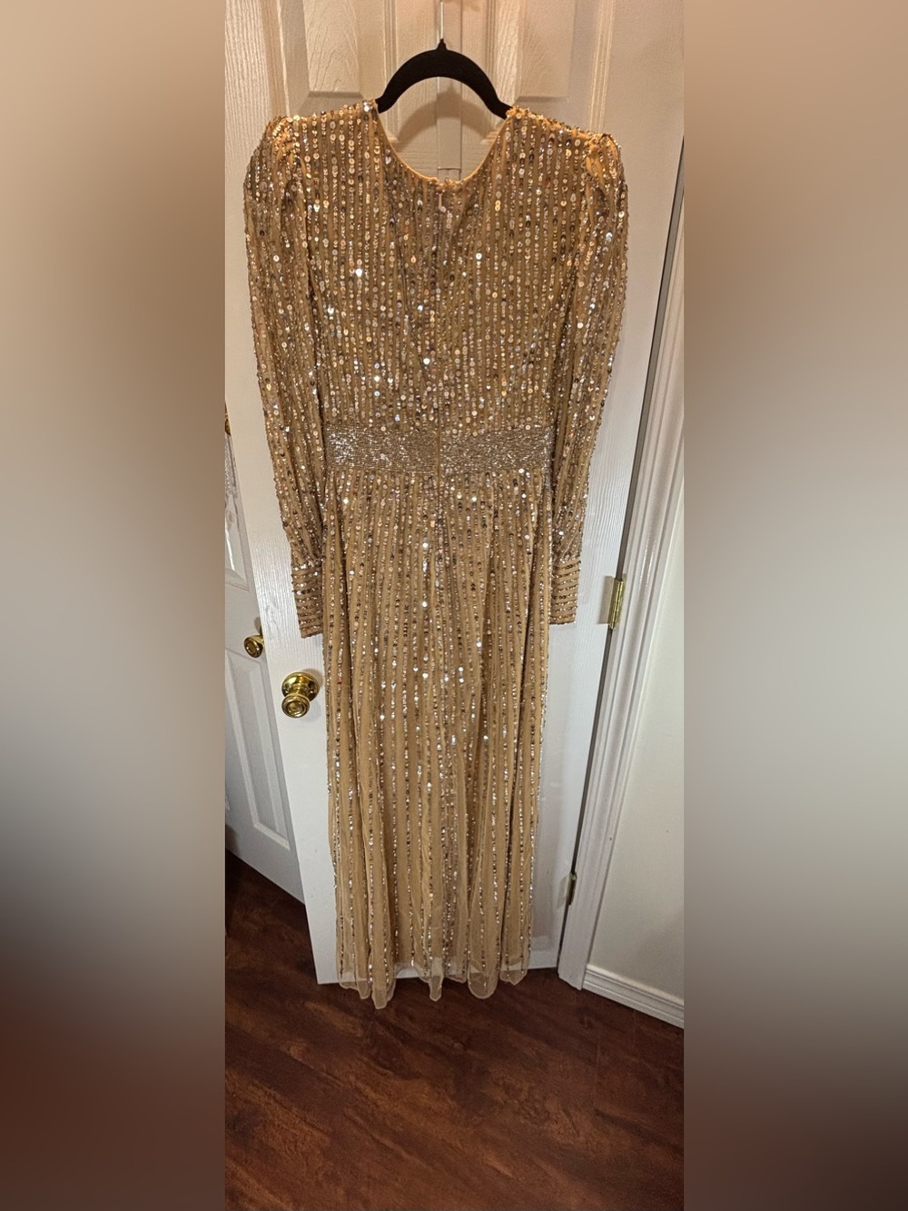 Mac Duggal Sequin Embellished With Cuff Sleeves Gown Vanilla/Silver #5720 - Picture 7 of 11